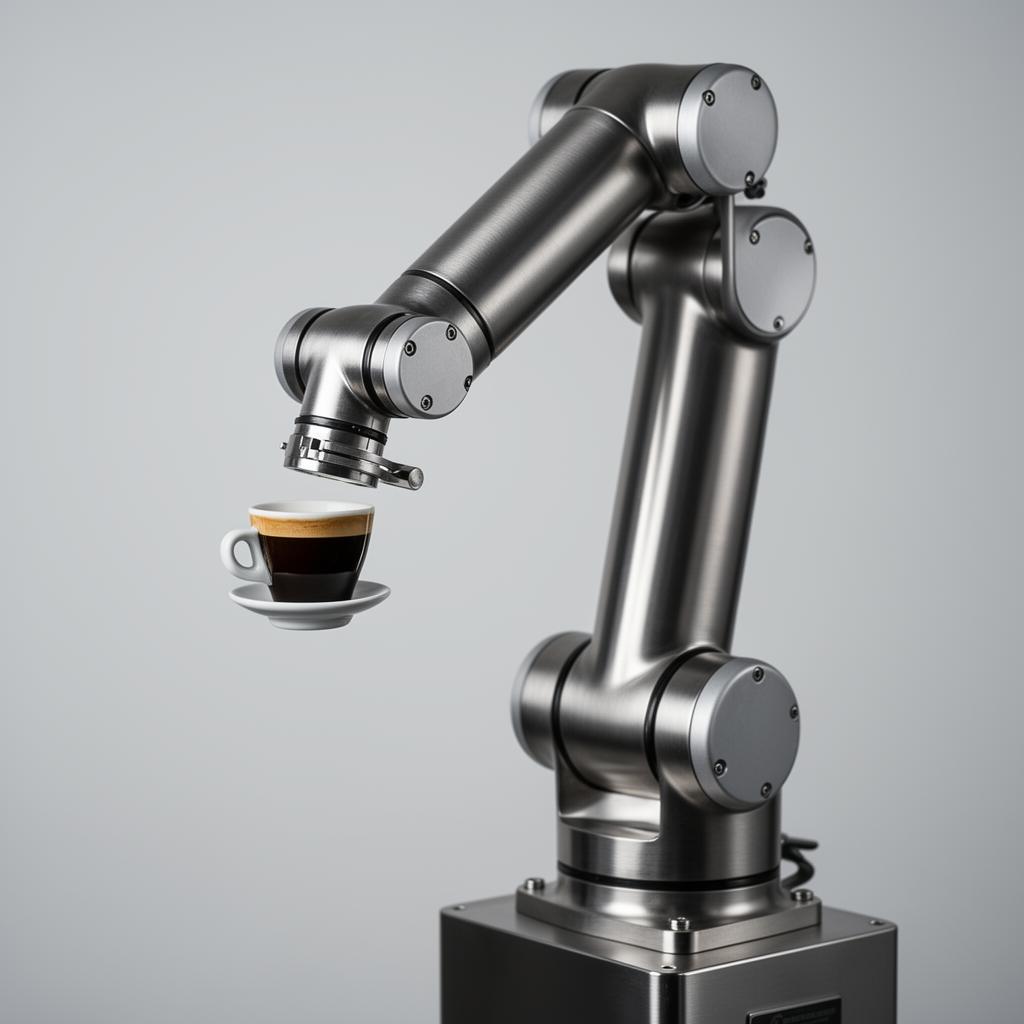 Sechs-Achsen-Cobot der Robocino Station mit Espresso-Tasse